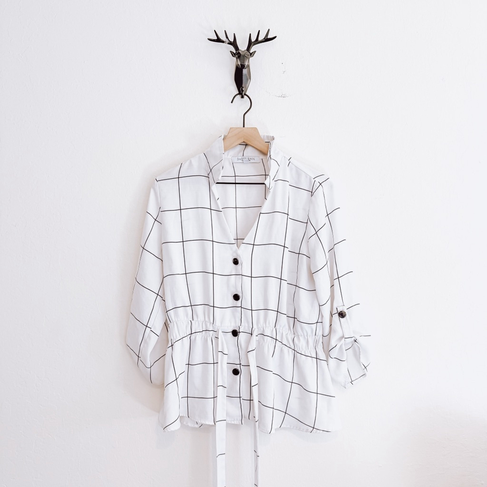 Sweet Rain Women's White/Black Plaid Blouse Size Large